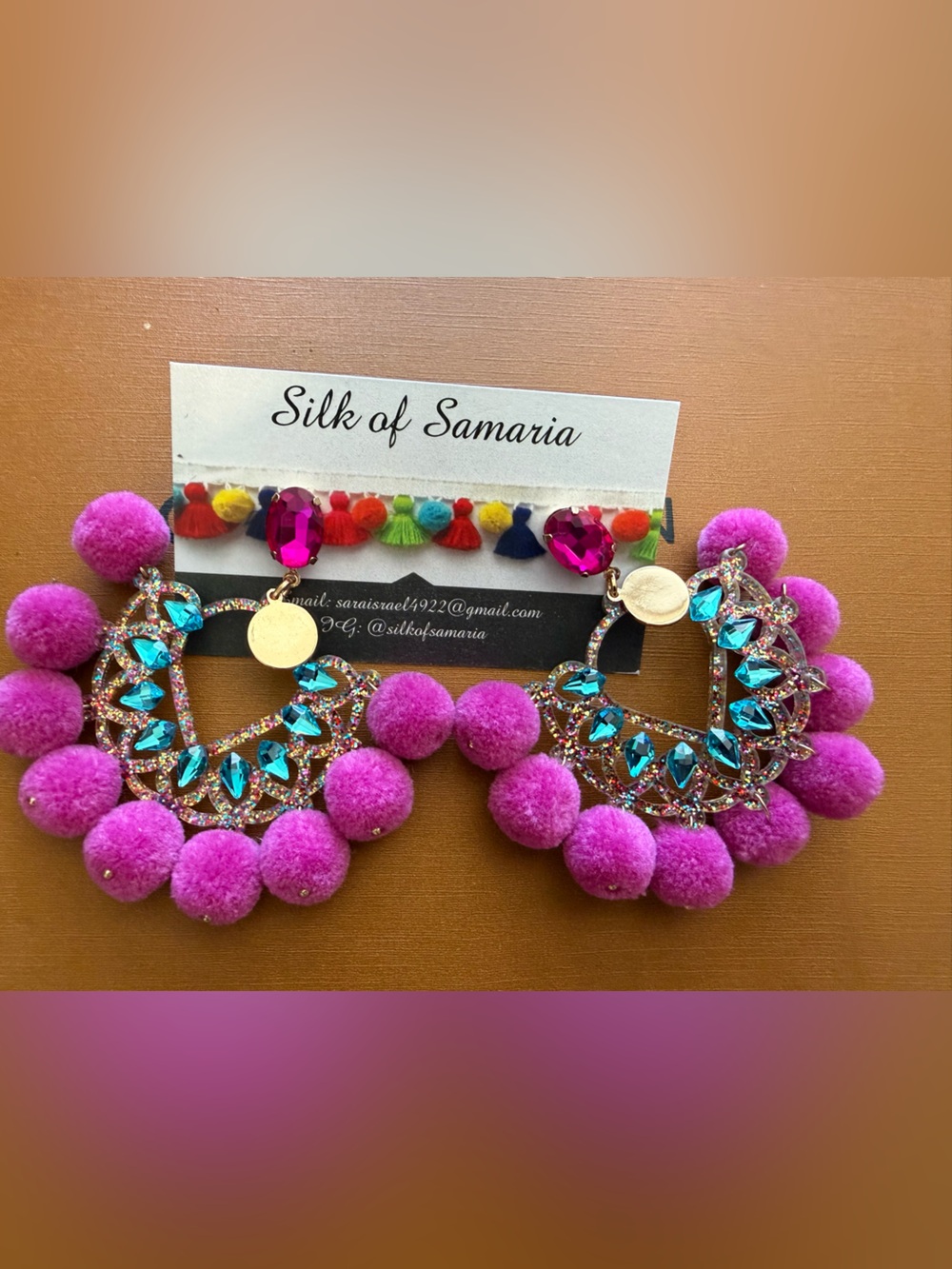 Hot Pink Pom Tassel Hoop Earrings with Teal Crystal Accents